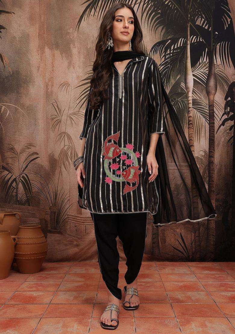 Black Embroidered Nylon Kurta Set - Indya