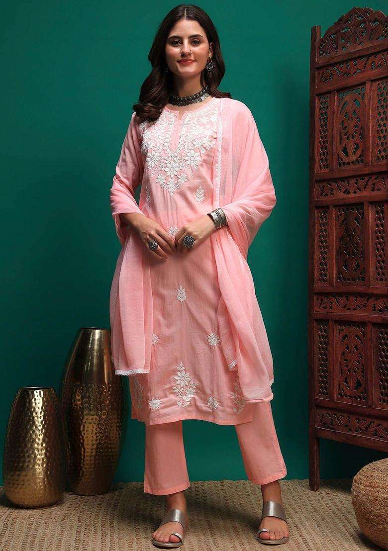 Peach Embroidered Cotton Kurta Set - Indya