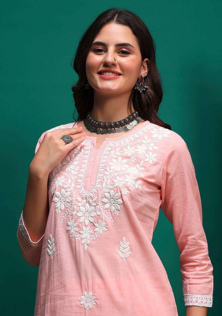 Peach Embroidered Cotton Kurta Set - Indya