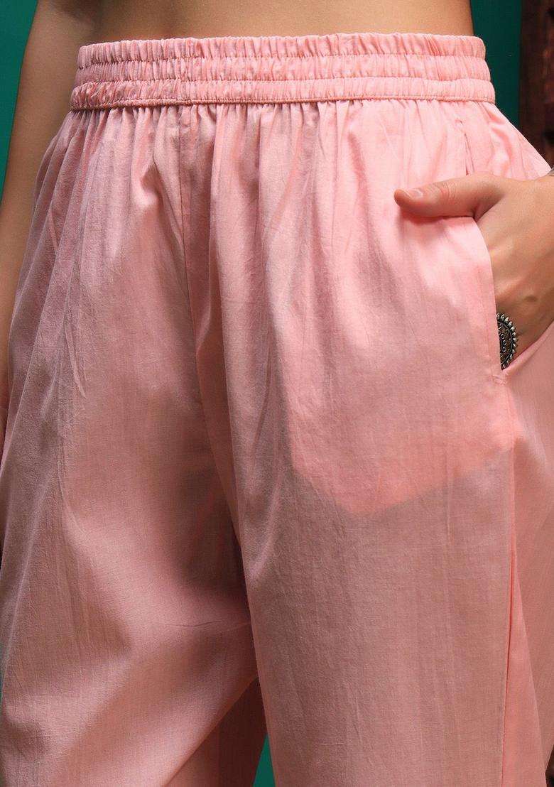 Peach Embroidered Cotton Kurta Set - Indya