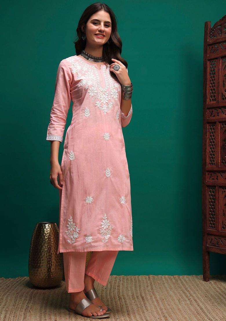 Peach Embroidered Cotton Kurta Set - Indya