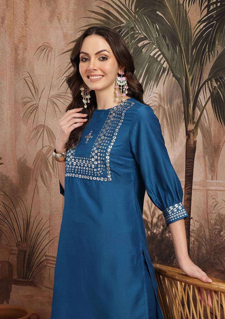 Blue Yoke Design Polyester Kurta Set - Indya