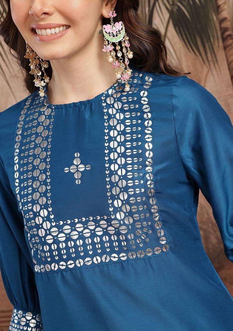 Blue Yoke Design Polyester Kurta Set - Indya