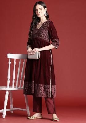 Maroon Printed Polyester Kurta Set