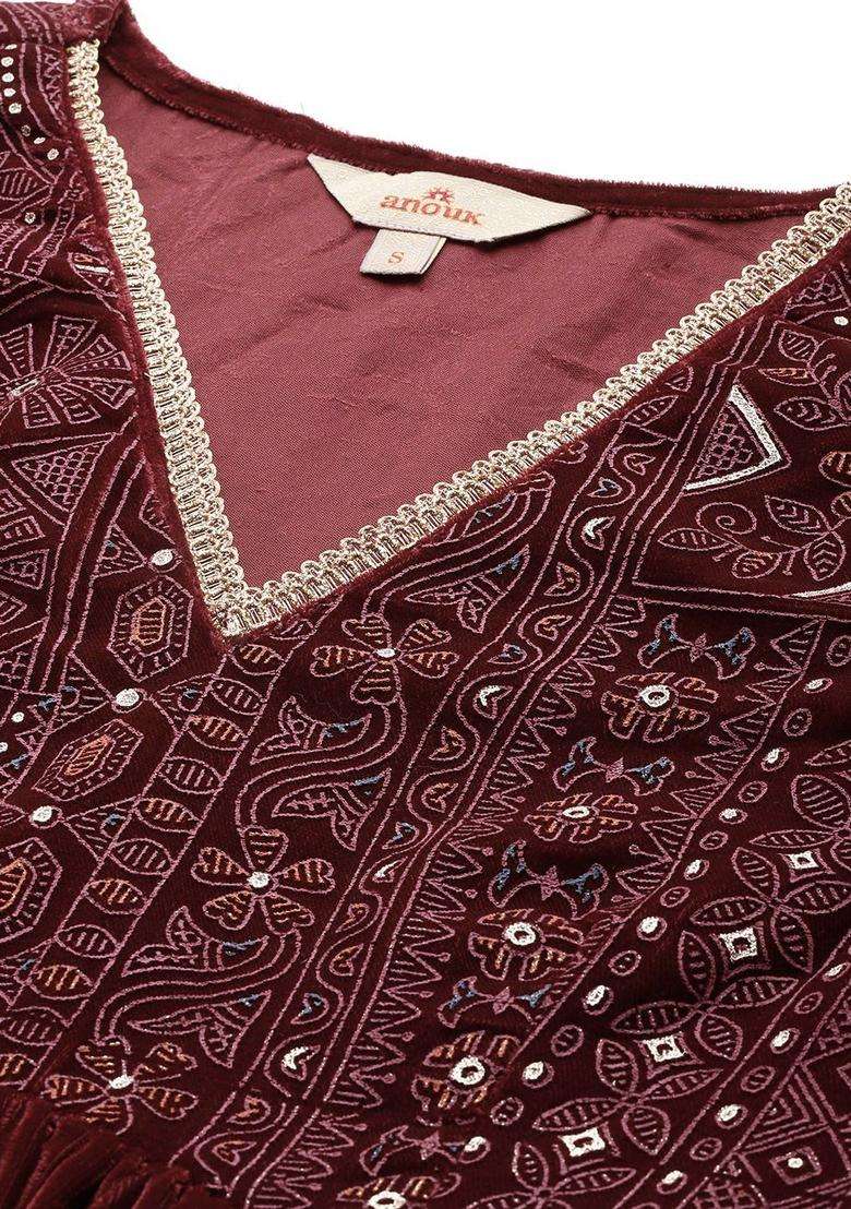 Maroon Printed Polyester Kurta Set - Indya