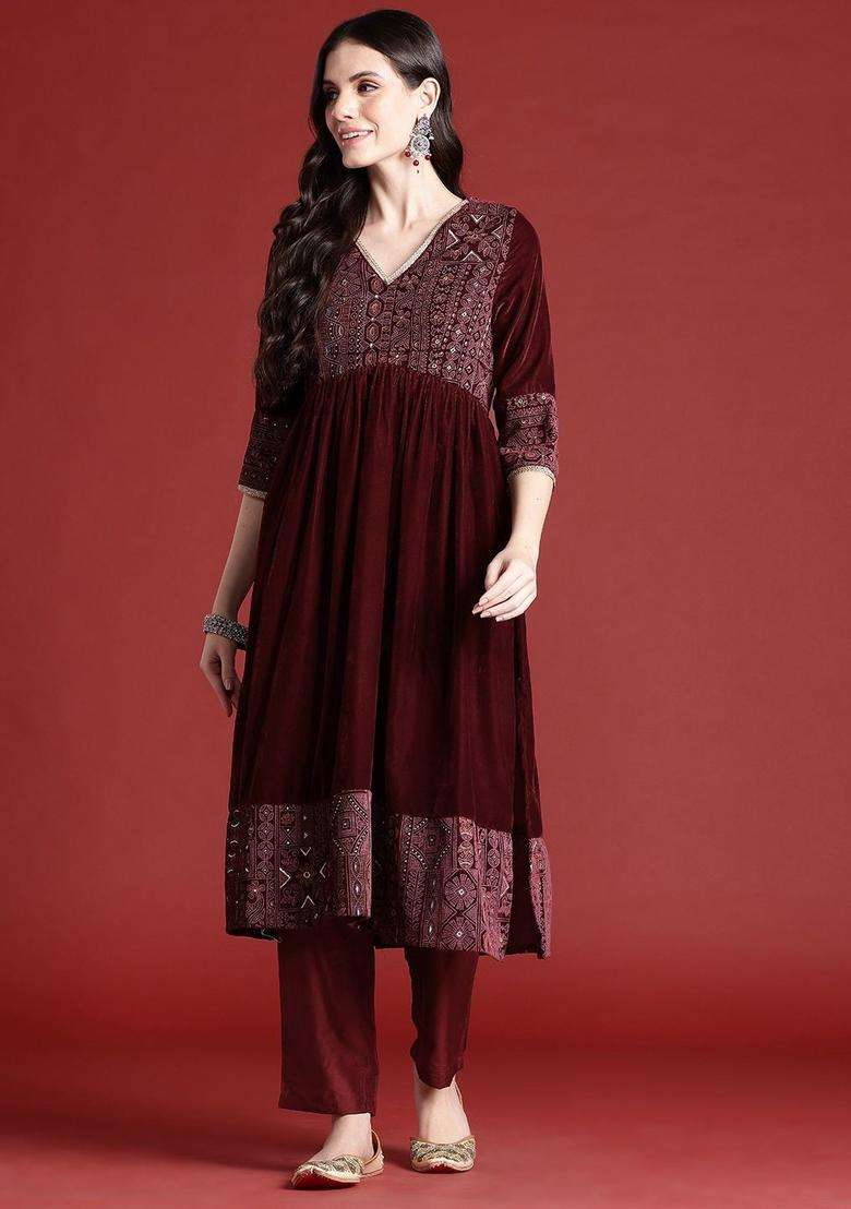 Maroon Printed Polyester Kurta Set - Indya