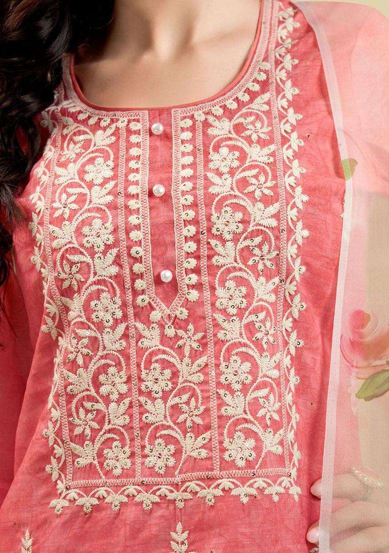 Coral Embroidered Silk Kurta Set - Indya