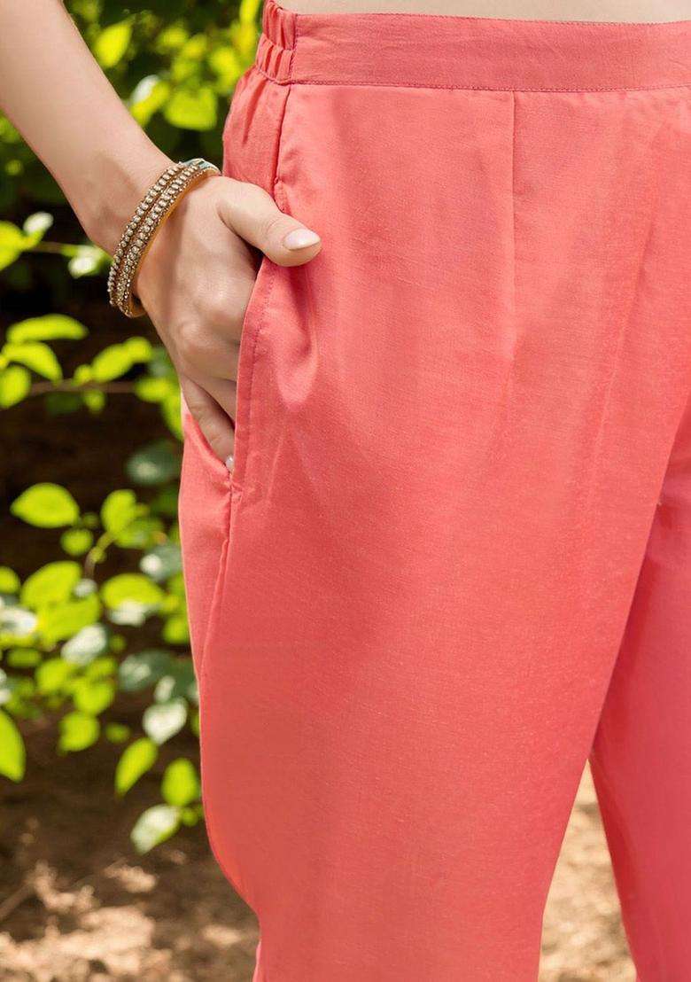 Coral Embroidered Silk Kurta Set - Indya