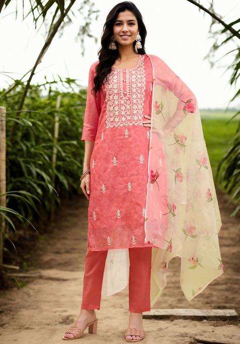Coral Embroidered Silk Kurta Set