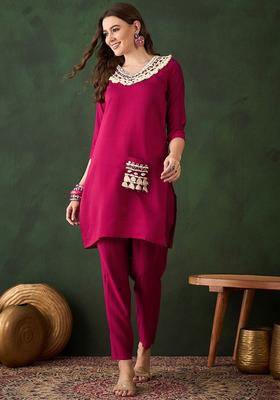 Maroon Solid Silk Kurta Set