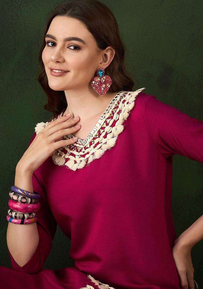 Maroon Solid Silk Blend Kurta Set - Indya