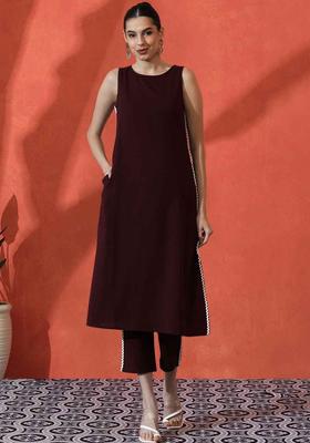 Maroon Solid Cotton Kurta Set