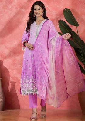 Mauve Embroidered Silk Blend Kurta Set
