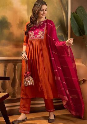 Orange Yoke Design Silk Blend Kurta Set
