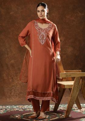 Brown Embroidered Viscose Kurta Set
