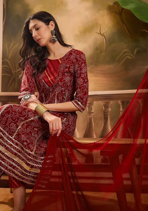 Maroon Printed Cotton Anarkali Set — view on Indya