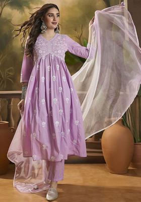 Mauve Embroidered Silk Blend Kurta Set