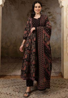 Black Printed Cotton Anarkali Set