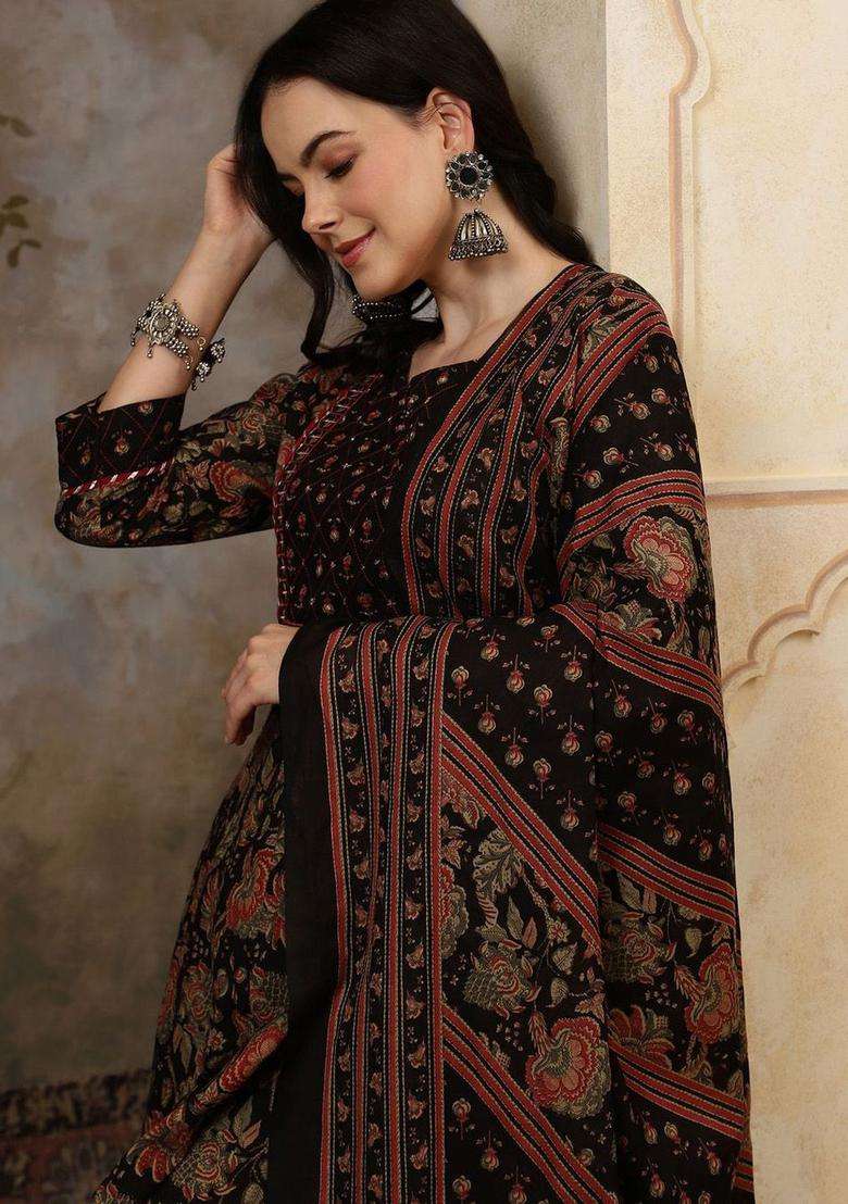 Black Printed Cotton Anarkali Set - Indya