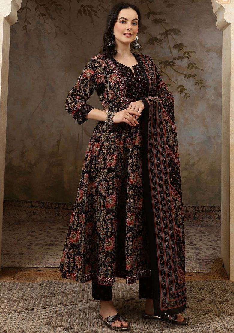 Black Printed Cotton Anarkali Set - Indya