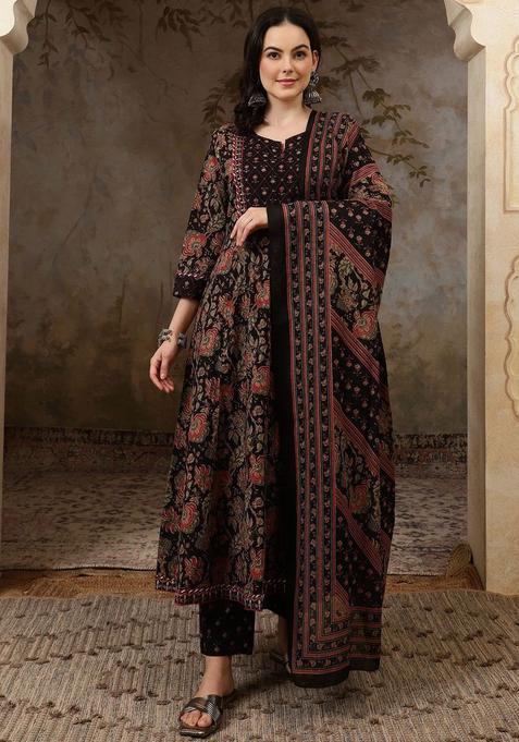 Black Printed Cotton Anarkali Set — view on Indya
