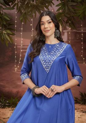 Blue Yoke Design Cotton Kurta Set