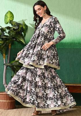Black Printed Crepe Kurta Set