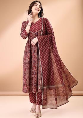 Maroon Printed Cotton Anarkali Set
