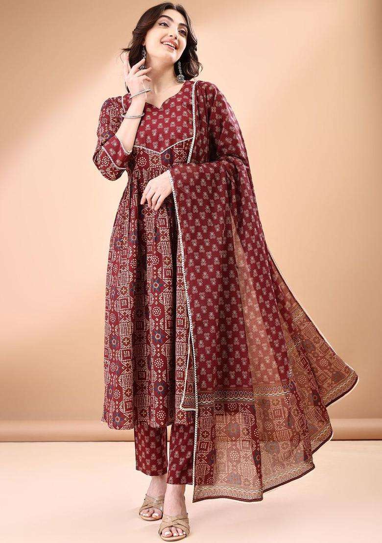 Maroon Printed Cotton Anarkali Set - Indya