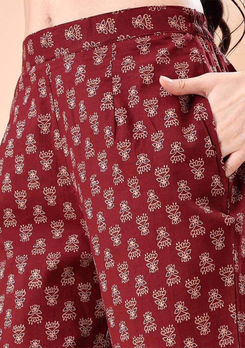 Maroon Printed Cotton Anarkali Set - Indya