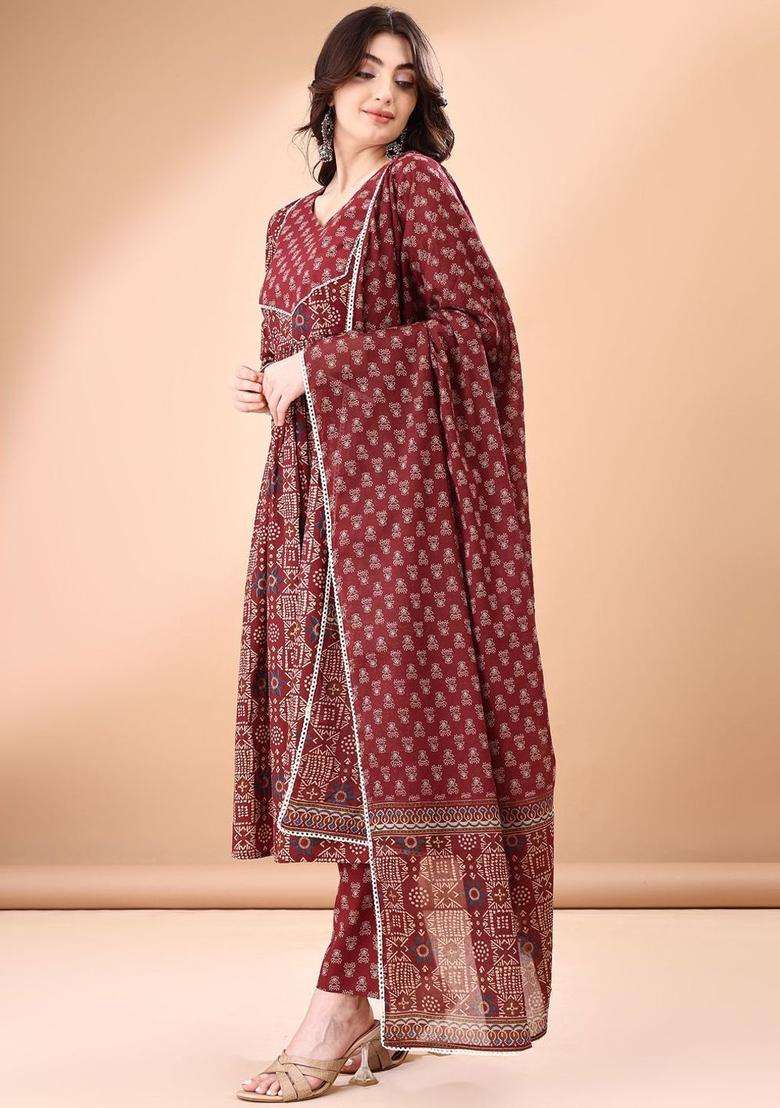 Maroon Printed Cotton Anarkali Set - Indya