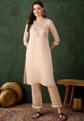 Pink Woven Design Silk Blend Kurta Set