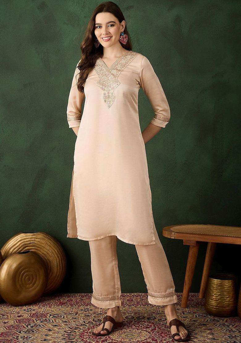 Pink Woven Design Silk Blend Kurta Set - Indya