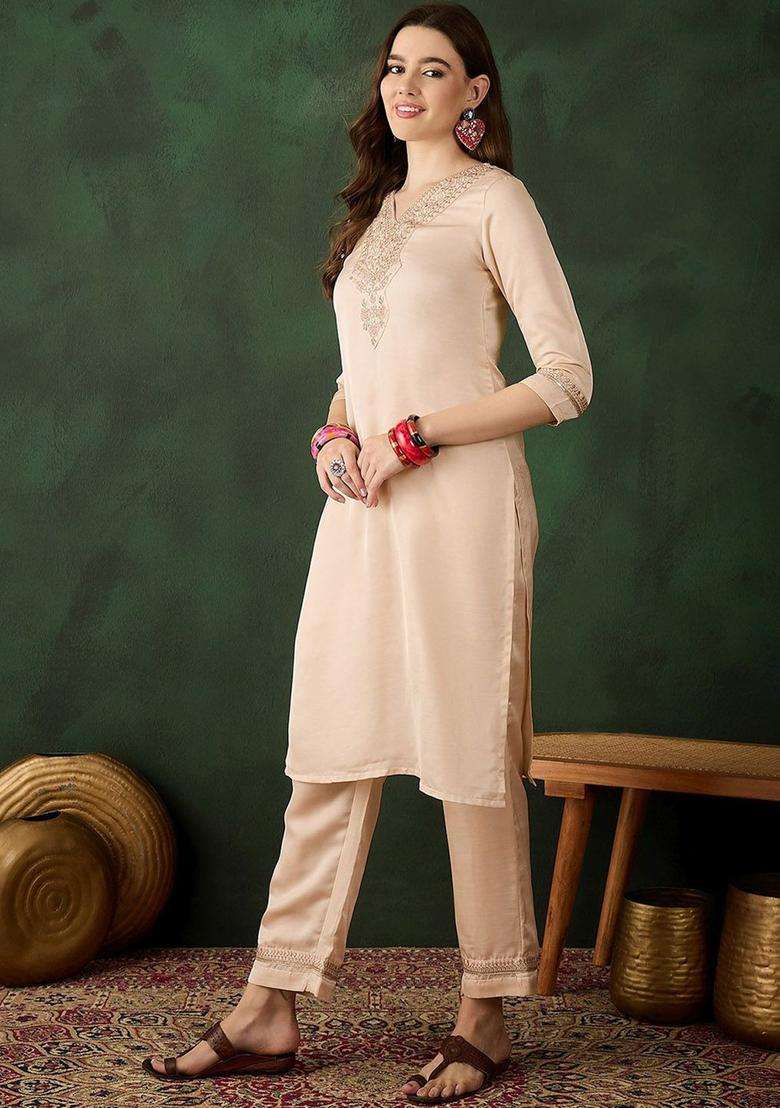 Pink Woven Design Silk Blend Kurta Set - Indya