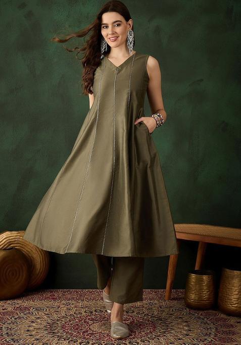 Olive Solid Polyester Anarkali Set — view on Indya