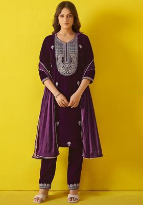 Violet Embroidered Velvet Kurta Set