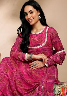 Pink Printed Georgette Kurta Set