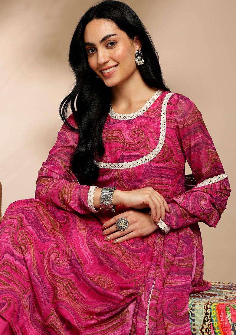 Pink Printed Georgette Kurta Set - Indya
