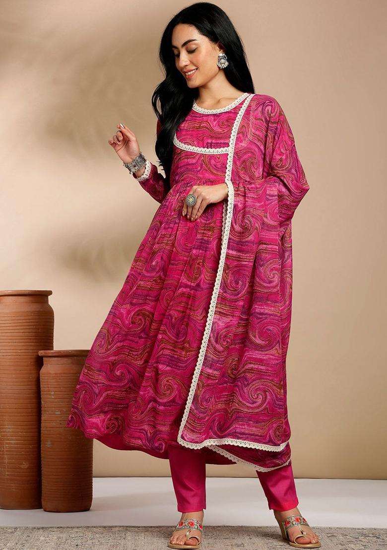 Pink Printed Georgette Kurta Set - Indya