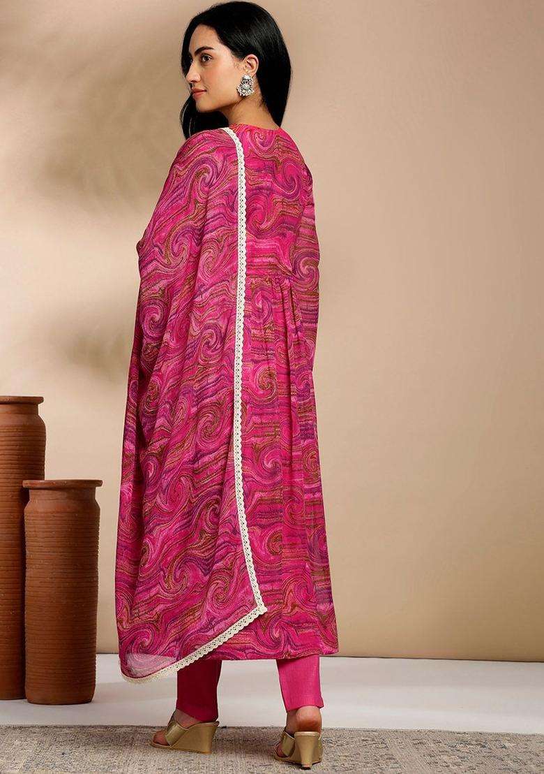 Pink Printed Georgette Kurta Set - Indya