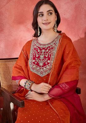Orange Printed Georgette Kurta Set