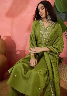 Lime Green Embroidered Silk Kurta Set