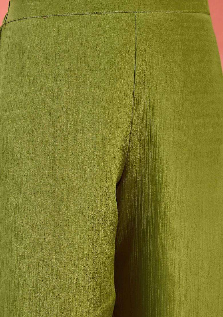 Lime Green Embroidered Silk Blend Kurta Set - Indya