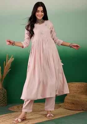 Pink Embroidered Satin Kurta Set