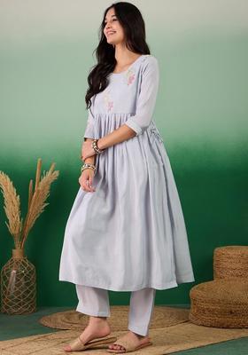 Blue Embroidered Satin Kurta Set