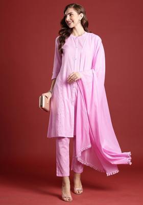 Pink Woven Design Cotton Kurta Set