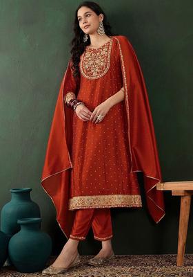 Orange Embroidered Silk Blend Anarkali Set