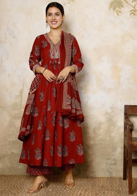 Maroon Printed Cotton Anarkali Set — view on Indya