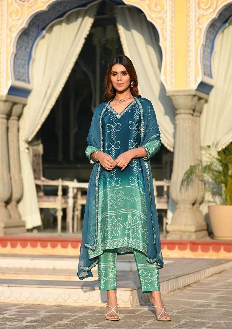 Green Printed Chinon Kurta Set - Indya