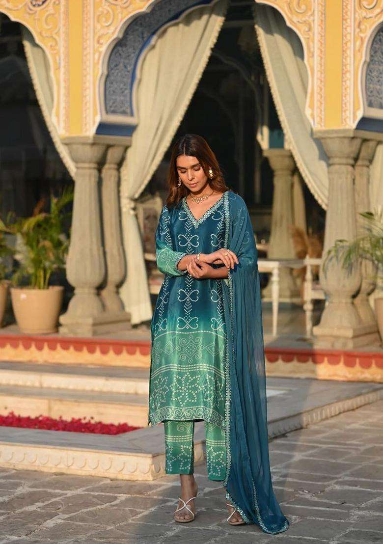 Green Printed Chinon Kurta Set - Indya